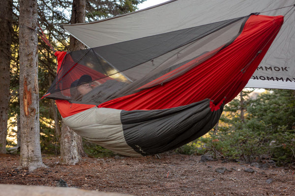 Person lying in a mantis hammock tent suspended between two trees with person sleeping.