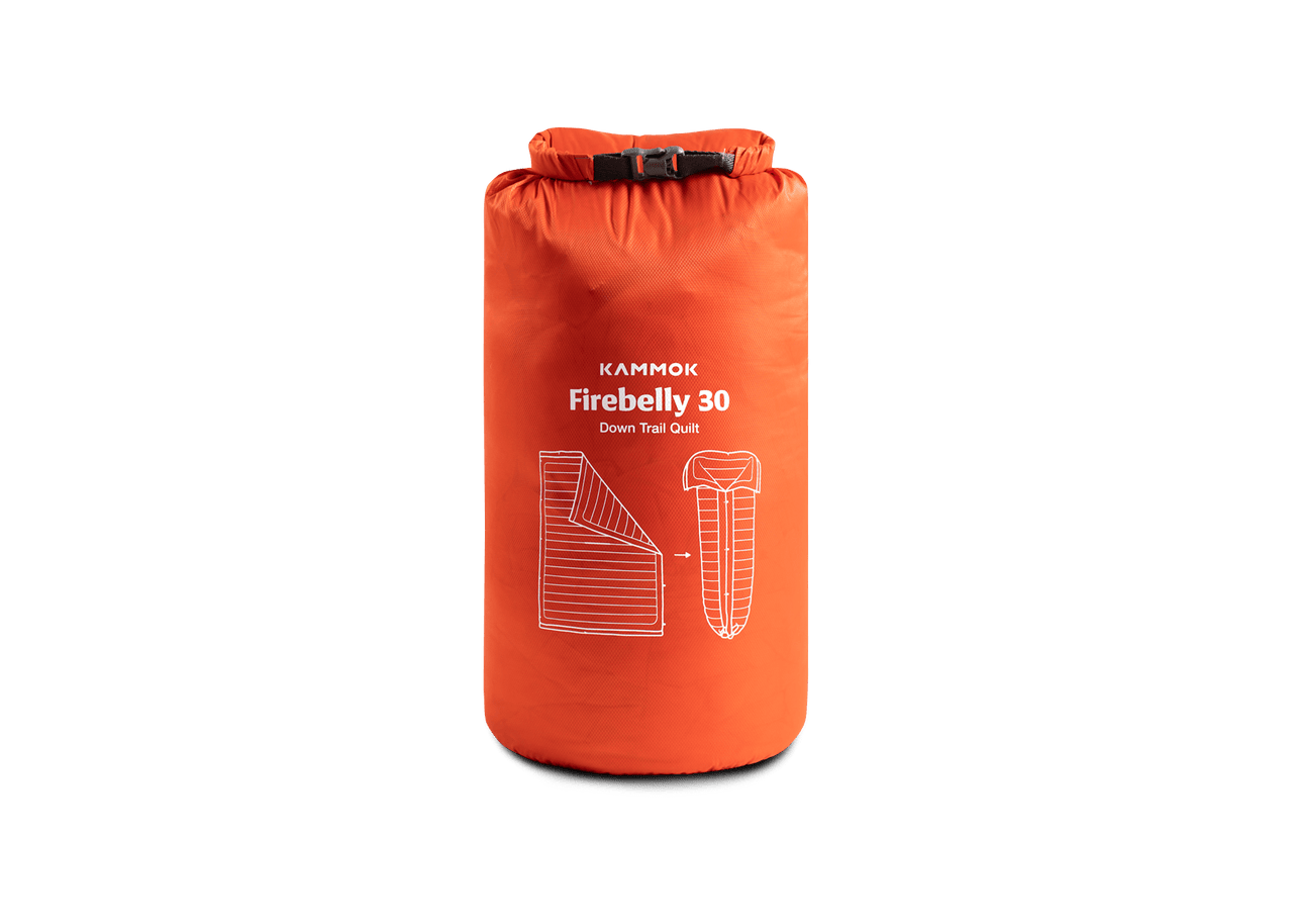 Studio Image of Kammok Trail Quilt Firebelly 30°F in Storage Bag.