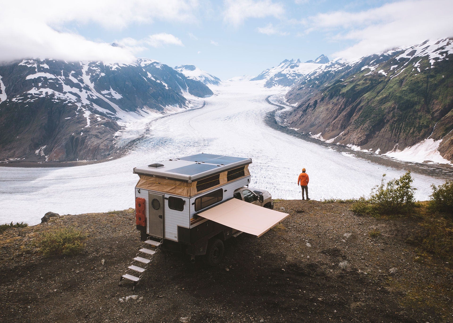 Mountain landscape with camper truck and Crosswing car awning.