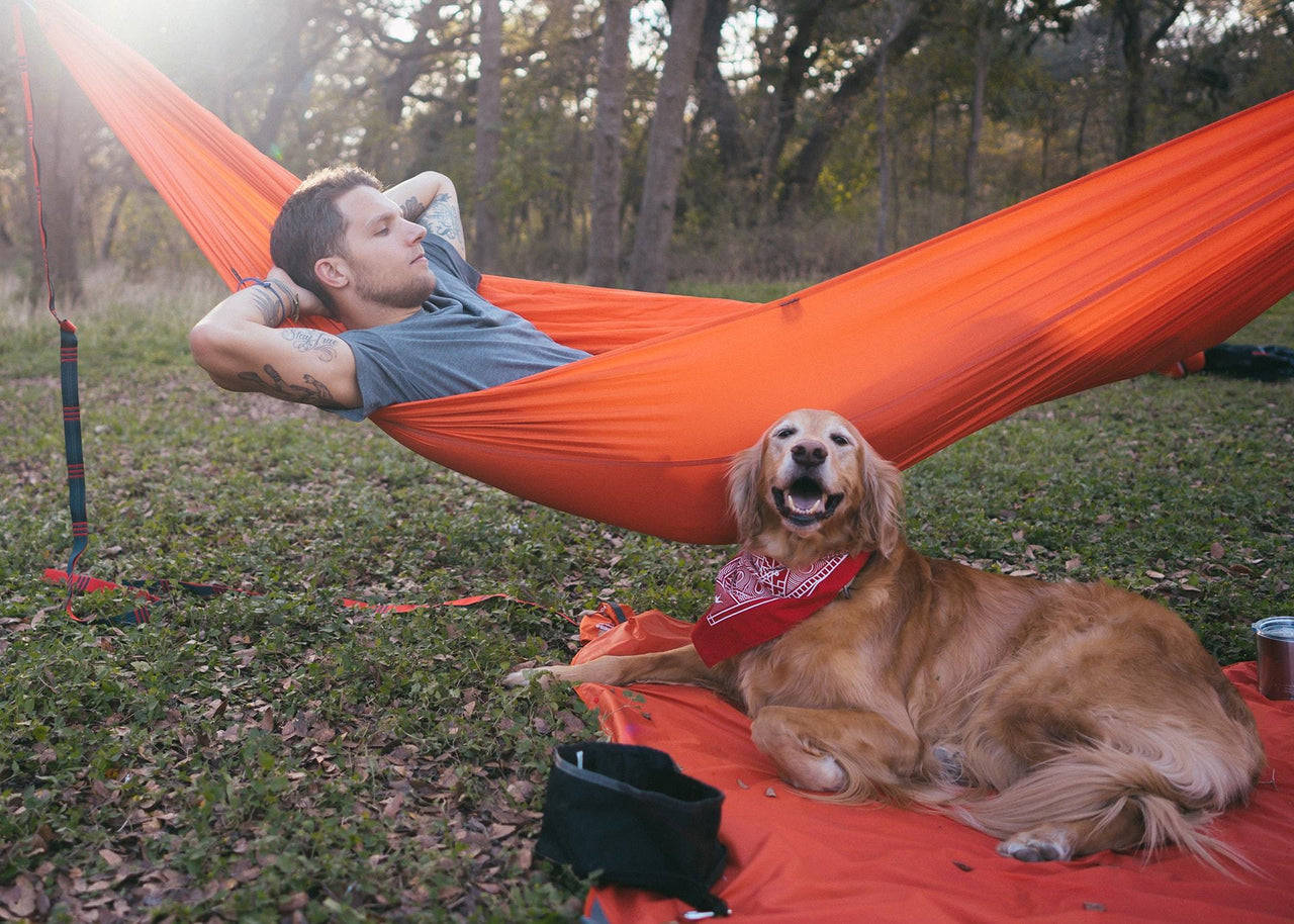Man with tattoos lying in a Kammok Roo hammock in the woods with his dog next to him on the ground.