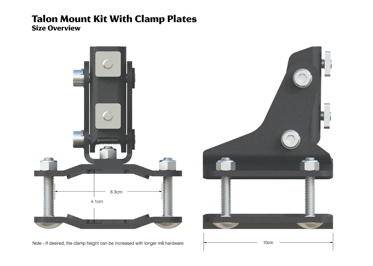 Size Overview of Kammok Crosswing Talon Mount Kit with Clamp Plates.