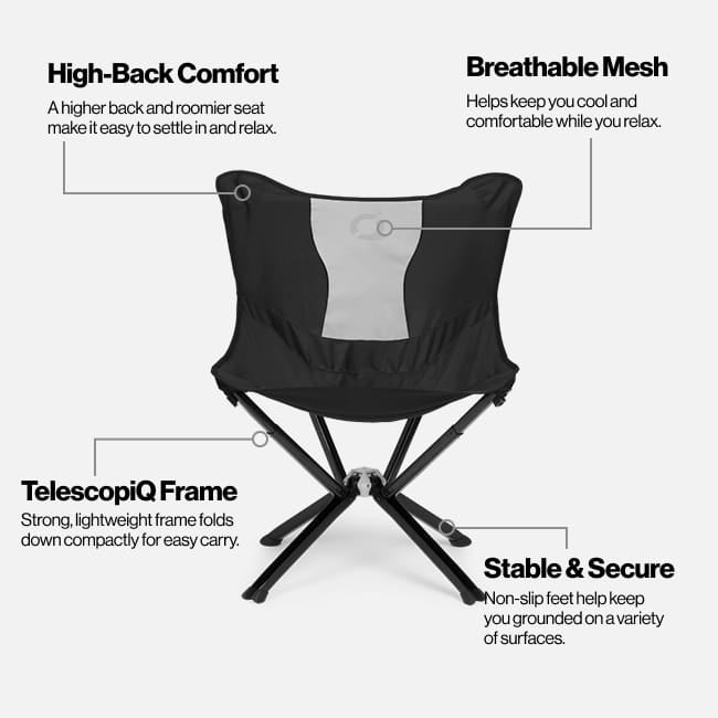 Onyx Black CLIQ MystiQ Lounge Chair with feature callouts: high-back comfort, breathable mesh, TelescopiQ frame, and non-slip feet