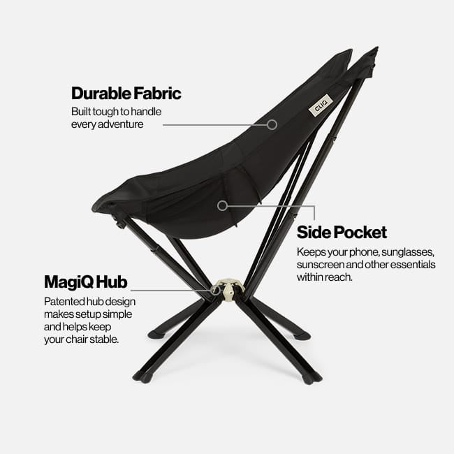 Side view of the Onyx Black CLIQ MystiQ Lounge Chair with callouts for durable fabric, side pocket, and the MagiQ Hub